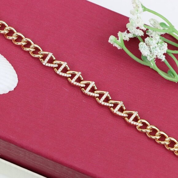 "Elegant Rose Gold Zigzag Chain Bracelet with Dazzling CZ Stones, XPBL0944 - Picture 1 of 12